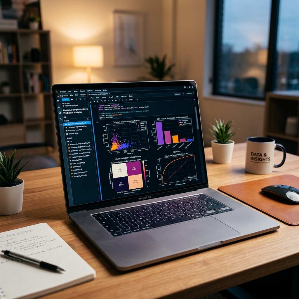 Python notebook showing customer churn prediction with RFM segmentation charts and machine learning models
