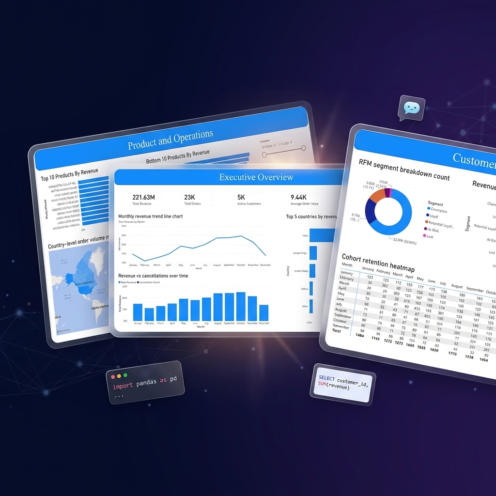 EY Capstone Project dashboard showing D2C e-commerce customer analytics with RFM segmentation and churn prediction