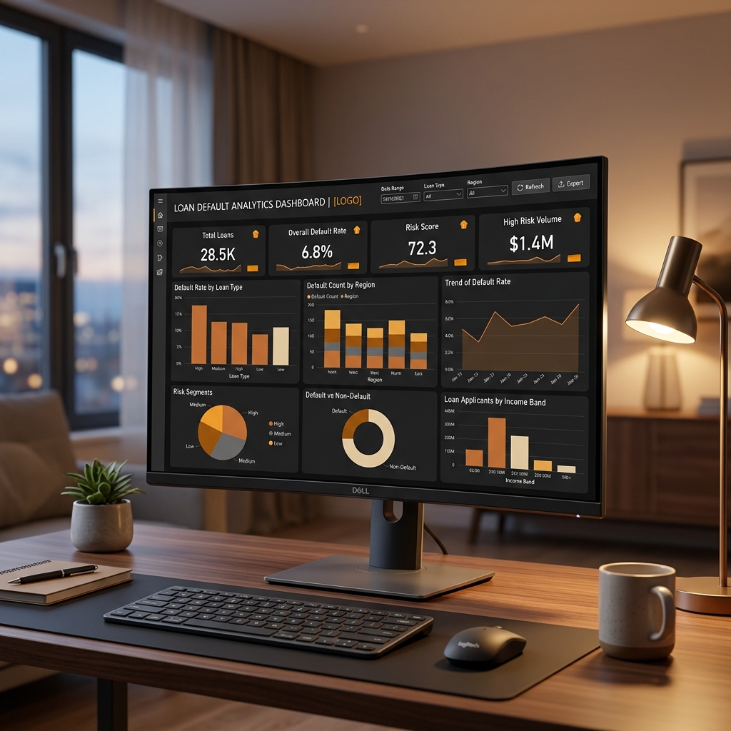 Interactive Power BI analytics dashboard showing loan default prediction metrics